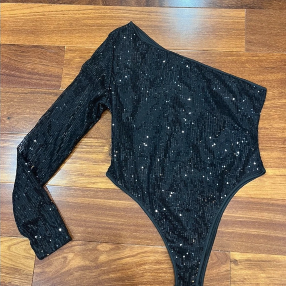Black Sequin One-Shoulder Bodysuit